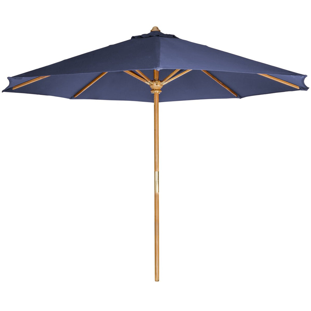 All Things Cedar TU90-B Teak Market Table Umbrella Outdoor | 2-Piece Pole & 10-ft Canvas Canopy with Wind Vent | Indonesian Teak Java Finish | Solid Brass Hardware | Easy Storage | Blue