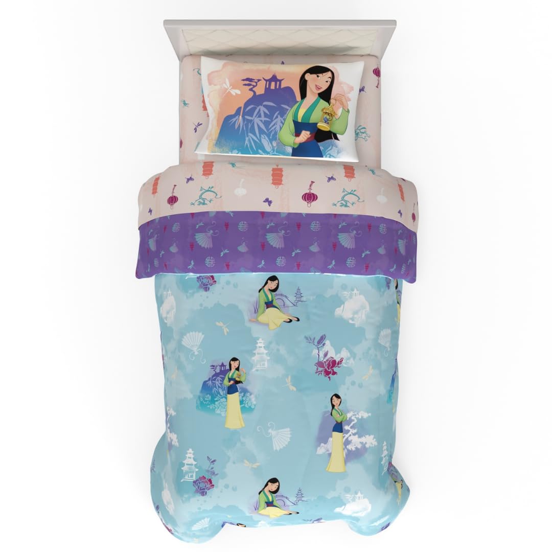 Franco Disney Princess Mulan Kids Bedding Super Soft Microfiber Comforter And Sheet Set, 4 Piece Twin Size, (Official Licensed P