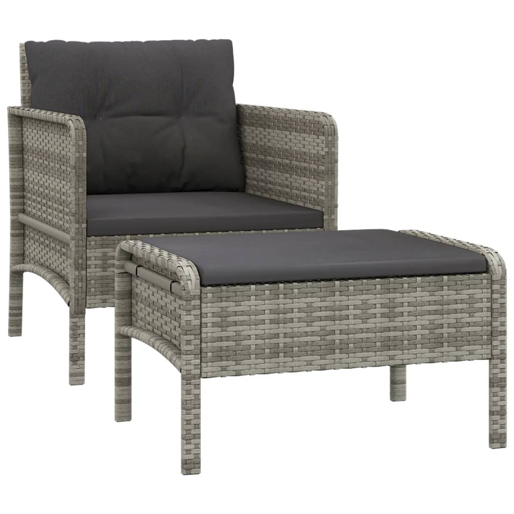vidaXL Outdoor Lounge Set – Gray Poly Rattan Patio Furniture with Chair and Stool - Dark Gray Removable Cushion - Metal Frame - Industrial Style Home & Garden Decor
