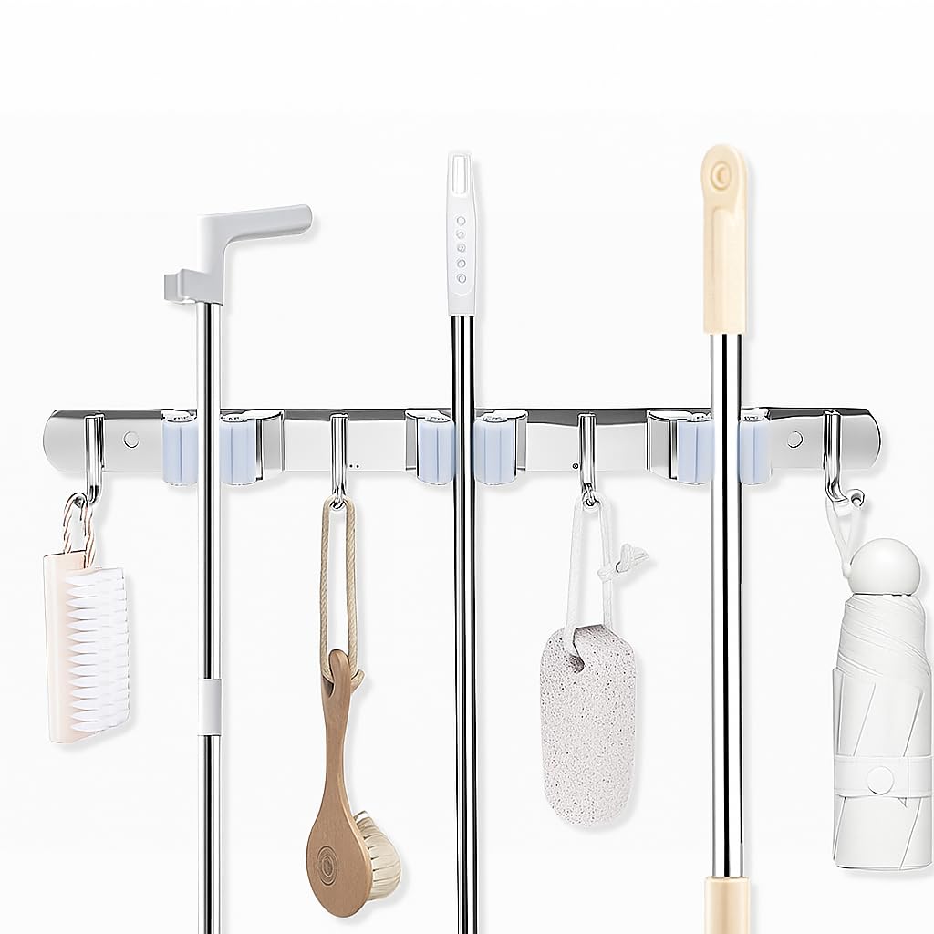 DGSL 1 PCS Broom Holder Wall Mount with 3 Racks 4 Hooks, Stainless Steel Wall Mounted Organizer Mop and Broom Storage Tool Rack 
