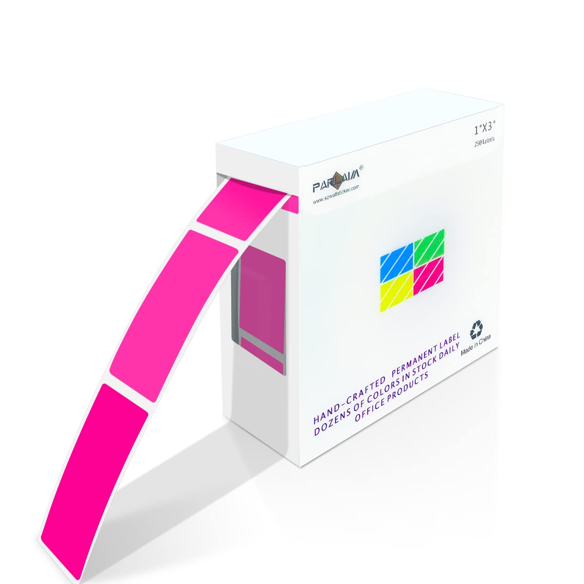 Square Color Coding Labels 3 X 1 Inch - Rectangle Fluorescent Pink Color File Folder Stickers 250 Pack Per Roll In Dispenser Box