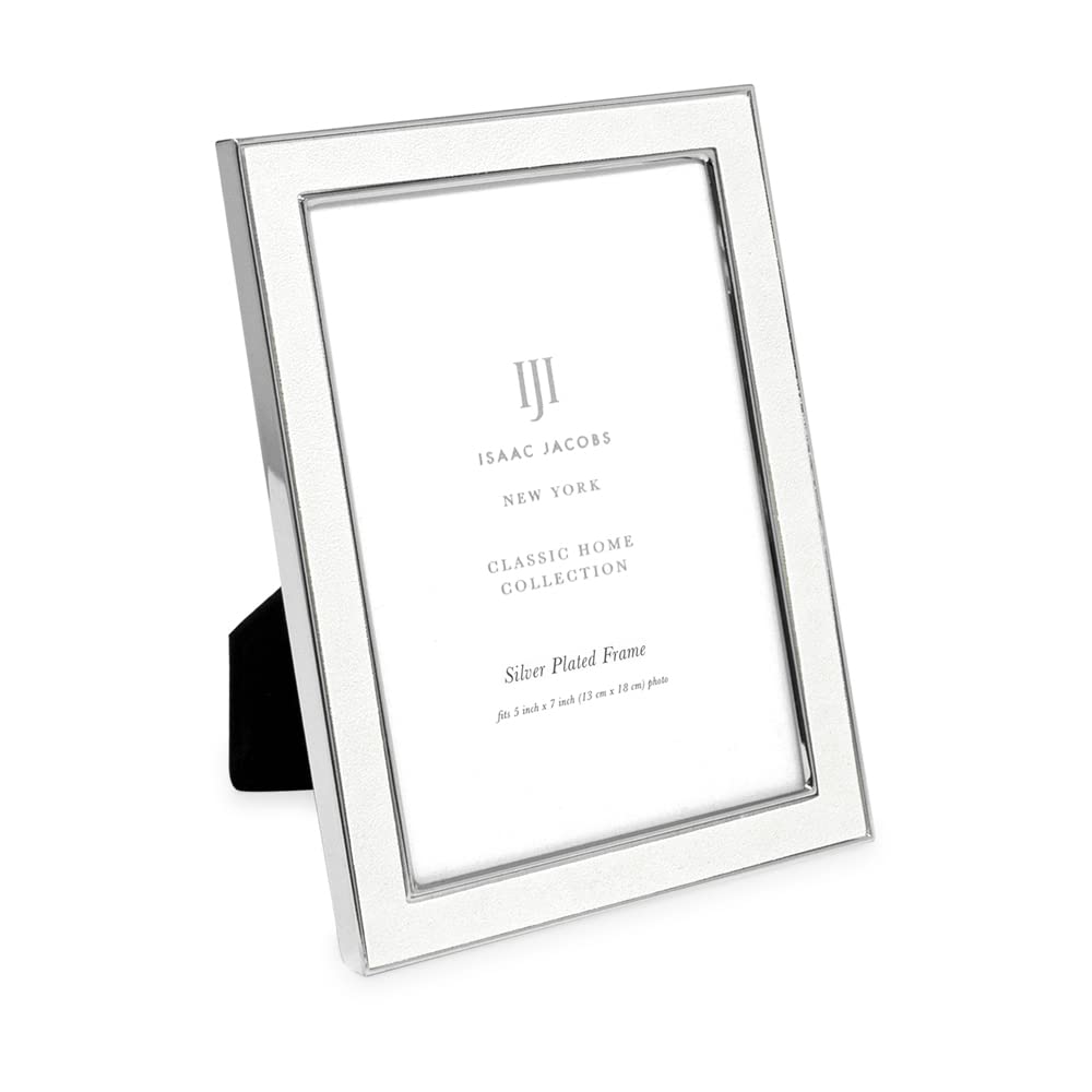 Isaac Jacobs 5x7 White Leather with Silver Metal (Vertical & Horizontal) Picture Frame, Suede Border w/Black Fabric Easel, Wall-