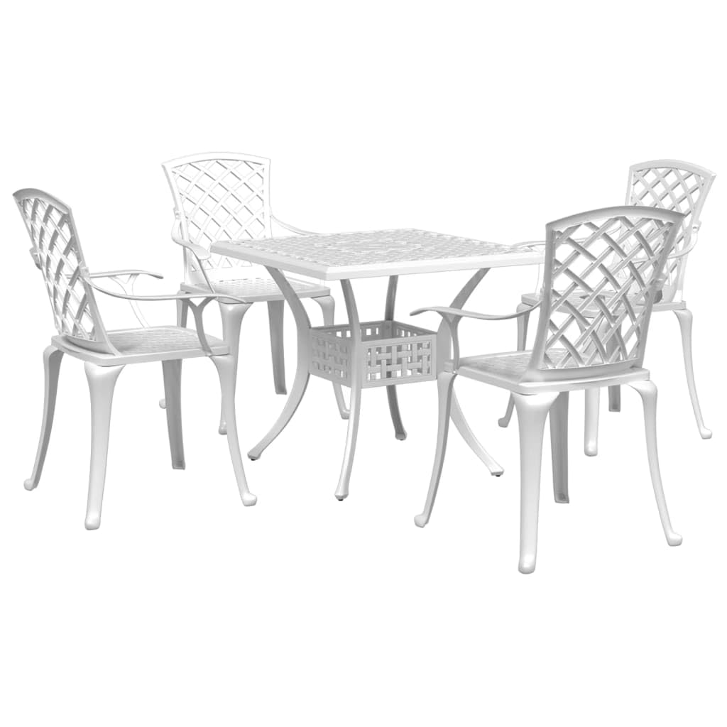 vidaXL White Cast Aluminum Patio Dining Set - Square Garden Table and Four Chairs with Umbrella Hole for Outdoor, Lawn, Backyard