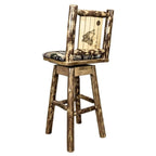 Montana Woodworks Glacier Country Collection Counter Height Barstool with Back & Swivel, Upholstered Seat, Woodland Pattern with Laser Engraved Wolf Design, Stained & Lacquered