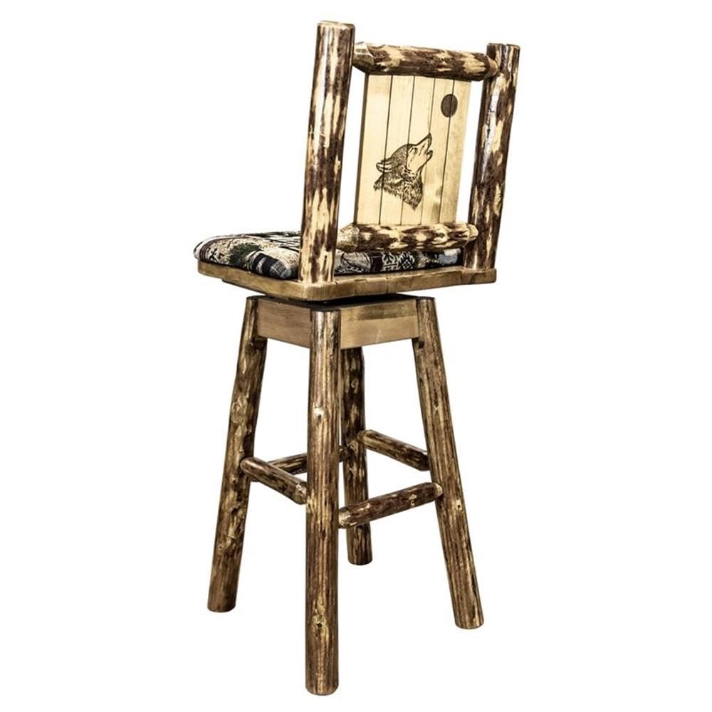 Montana Woodworks Glacier Country Collection Barstool with Back & Swivel, Upholstered Seat, Woodland Pattern with Laser Engraved Wolf Design, Stained & Lacquered