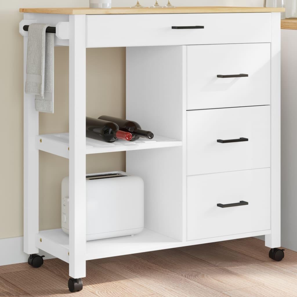 vidaXL Solid Pine Wood Kitchen Trolley - Rolling Cart with Drawers, Shelves and Wheels - White/Honey Wax Finish - 33.1x15.7x35.4 inch