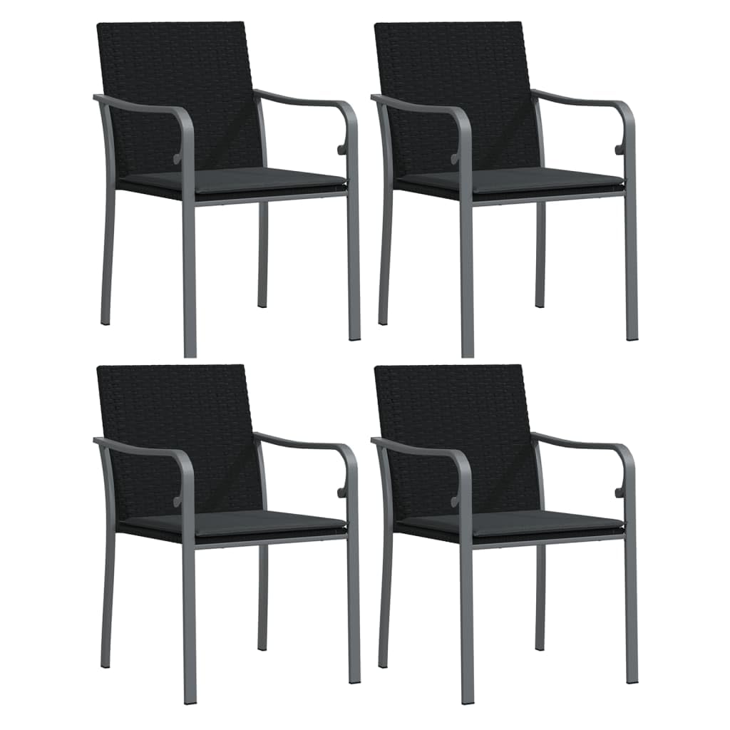 vidaXL 5 Piece Outdoor Patio Dining Set with Cushioned Seating - Poly Rattan and Steel Construction, Tempered Glass Tabletop in Black