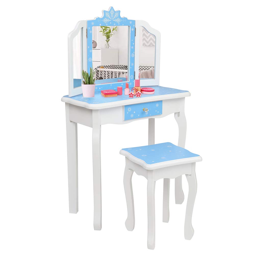 Vasitelan Kids Vanity Table and Chair Set, Girls Vanity Set with Mirror and Stool, Makeup Dressing Princess Table with Drawer, K