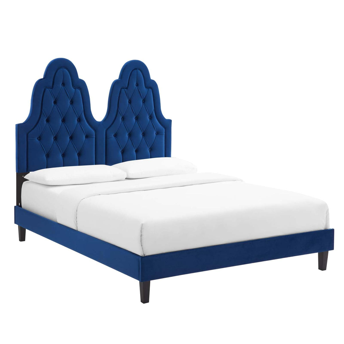 Modway Alexandria Tufted Performance Velvet Platform Bed with Black Wood Legs, Full, Navy