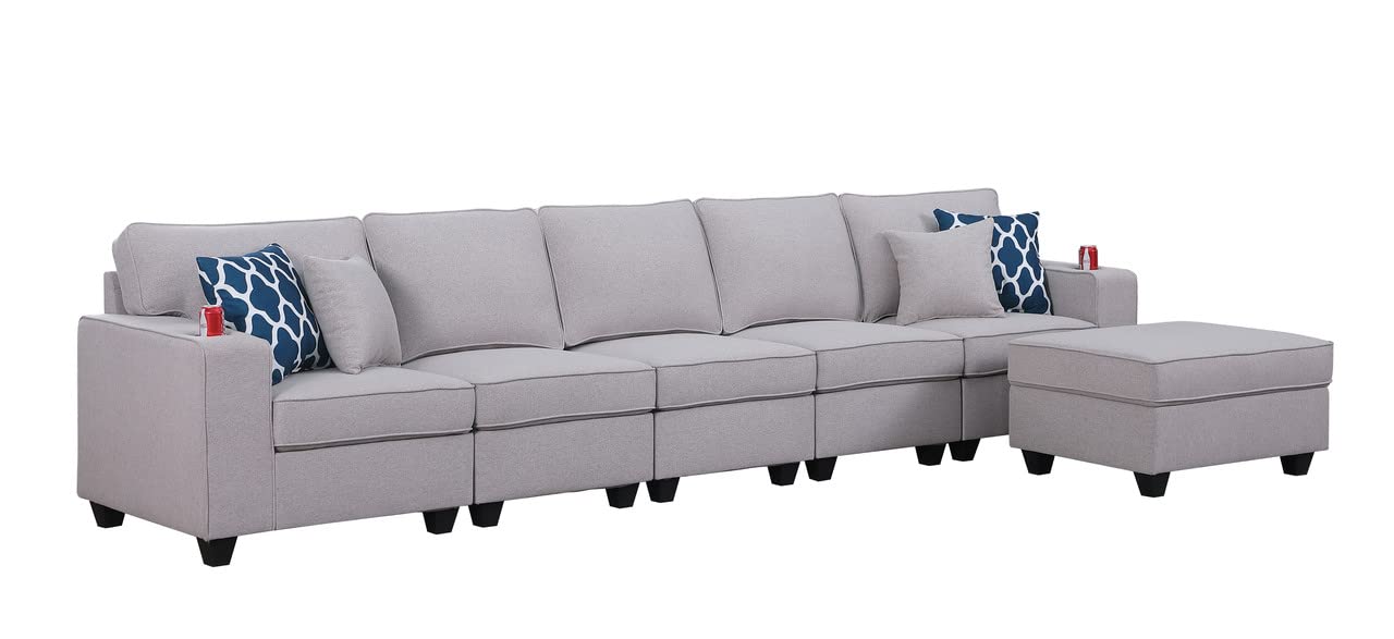 Lilola Home Cooper Light Gray Linen 5-Seater Sofa with Ottoman and Cupholder