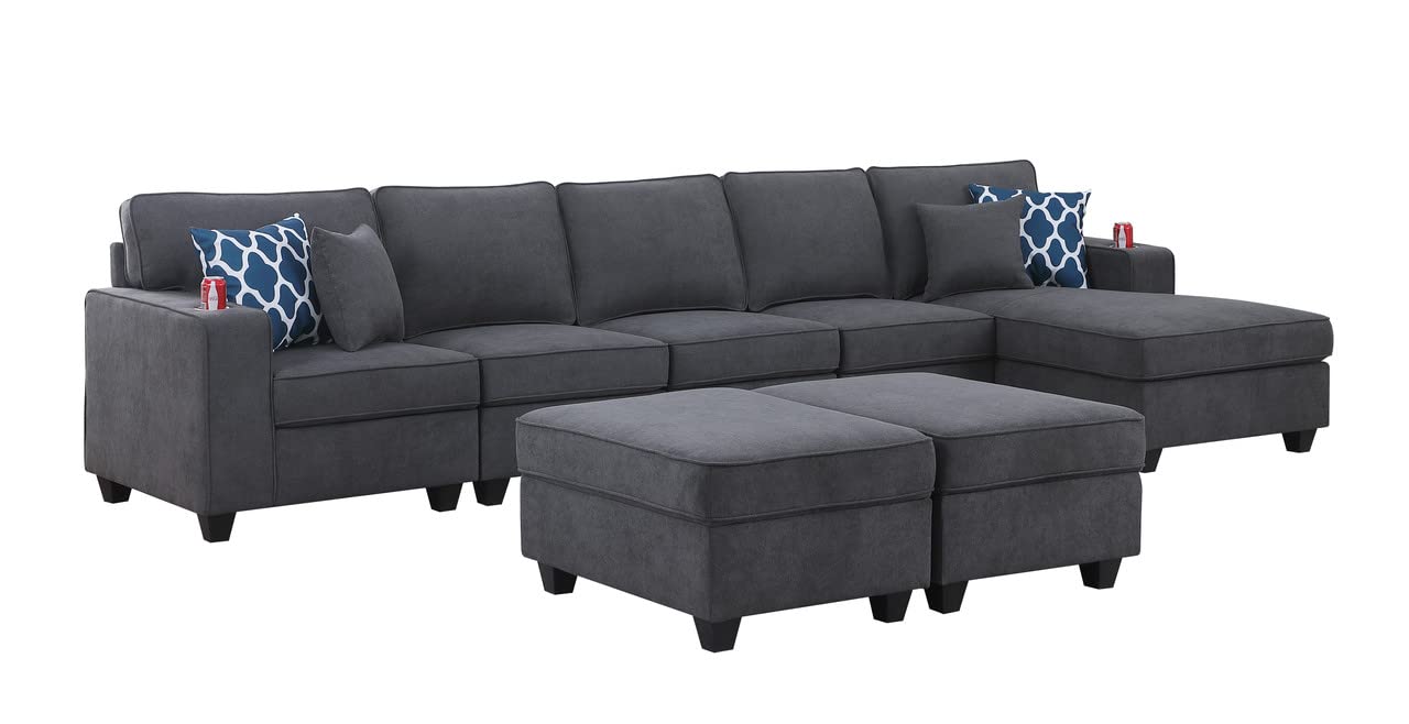 Lilola Home Cooper Stone Gray Woven Fabric Sectional Sofa Chaise with 2 Ottomans and Cupholder