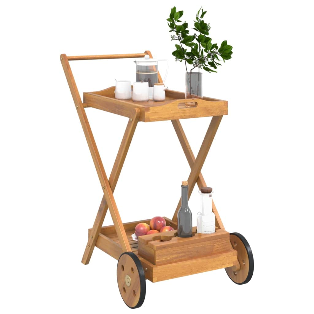 vidaXL Solid Acacia Wood Tea Trolley - 21.3&quot;x34.3&quot;x35.4&quot; - with Castors, 2-Tier Design, and Bottle Holder – Easy-to-Move Serving Cart for Hosting, Storage, and Dining Needs