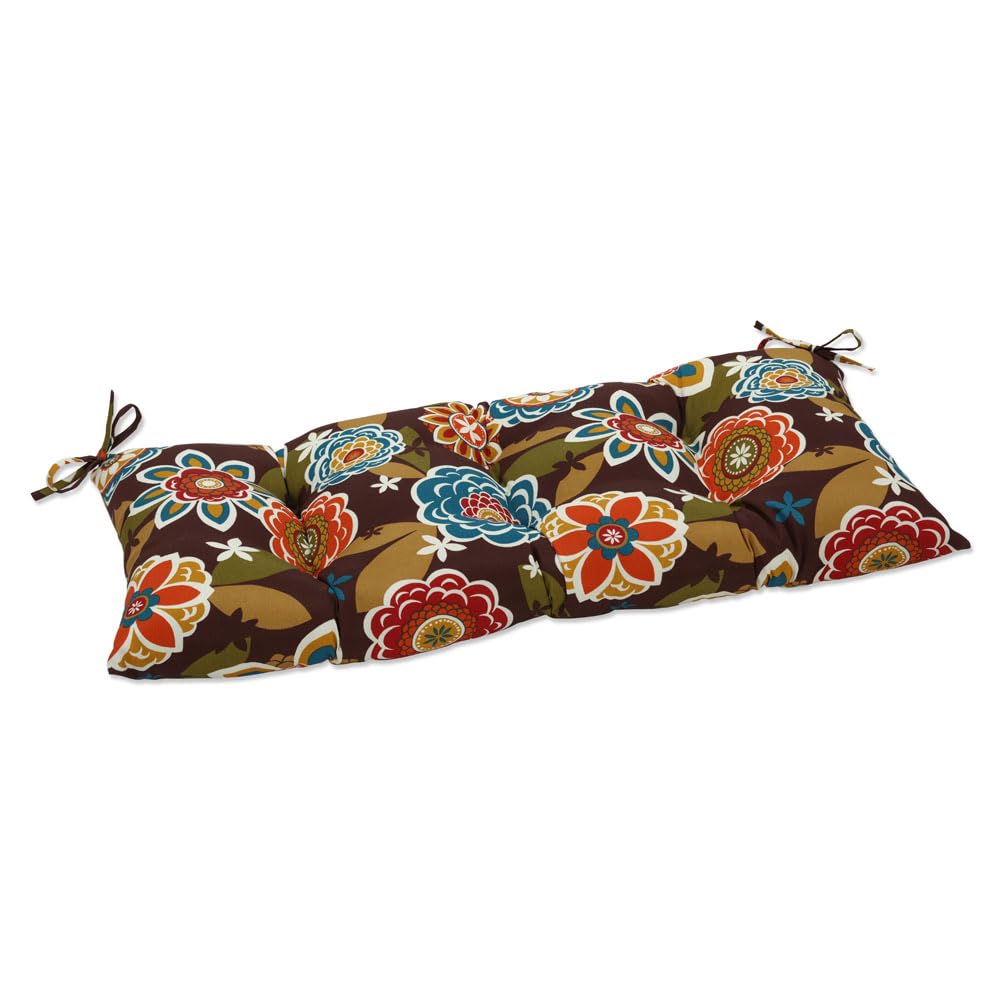 Pillow Perfect Floral Indoor/Outdoor Sofa Setee Swing Cushion With Ties, Weather, And Fade Resistant, 18.5' X 44', Brown/Orang