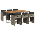 vidaXL Patio Dining Set with Cushions - Outdoor Furniture 7 Piece - Gray Poly Rattan and Acacia Wood for Garden, Backyard, Patio - Removable Covers - Compact Storage