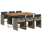 vidaXL Patio Dining Set with Cushions - Outdoor Furniture 7 Piece - Gray Poly Rattan and Acacia Wood for Garden, Backyard, Patio - Removable Covers - Compact Storage