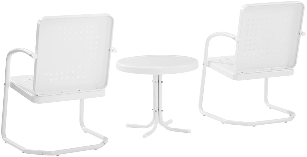 Crosley Furniture Bates 3-Piece Outdoor Chair And Side Table Set, Retro Metal Bistro Patio Conversation Sets, White Gloss And White Satin