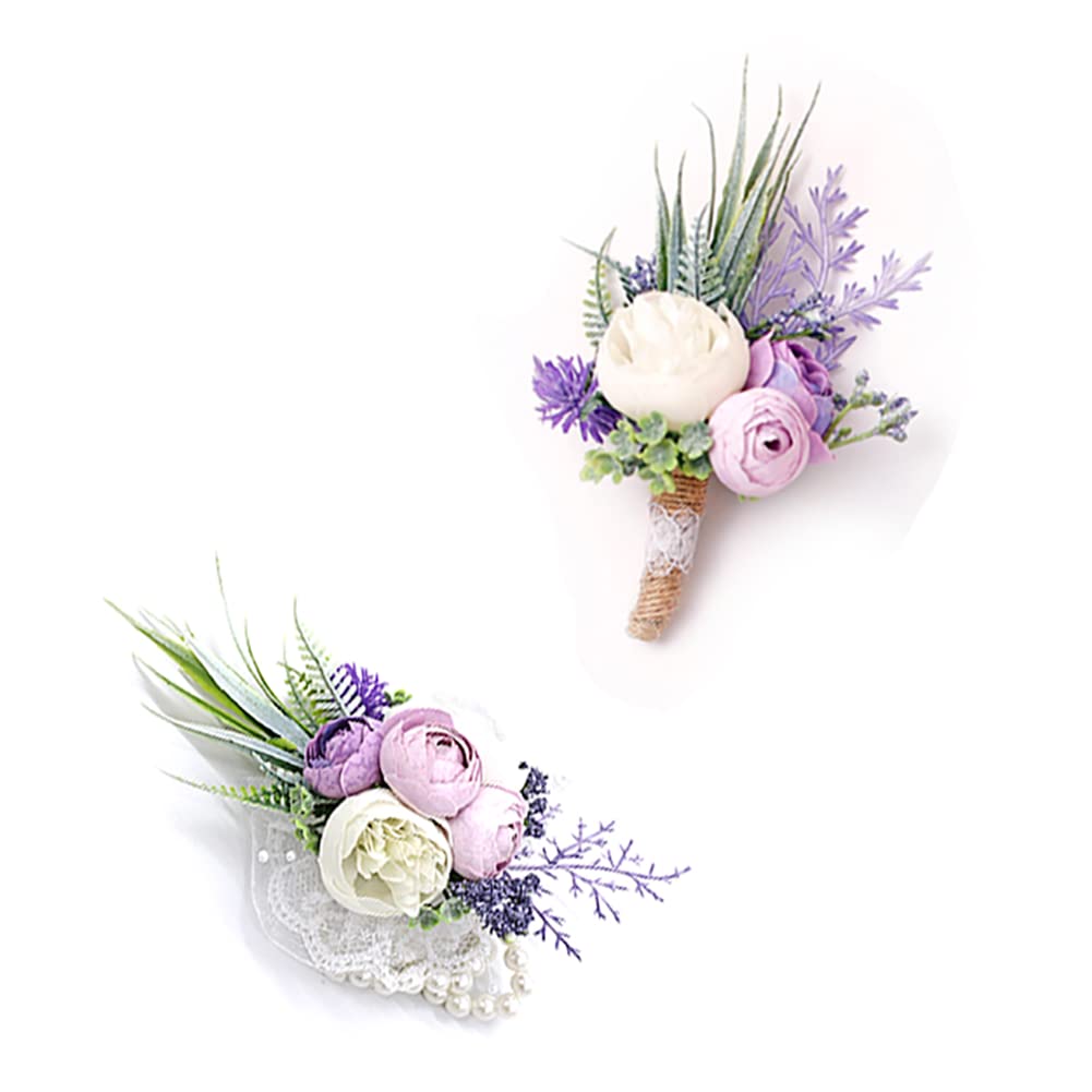 Ansofi Purple Corsage and Boutonniere Set Artificial Rose Flower Wrist Corsage and Boutineers for Groom Groomsmen Bride Bridesma