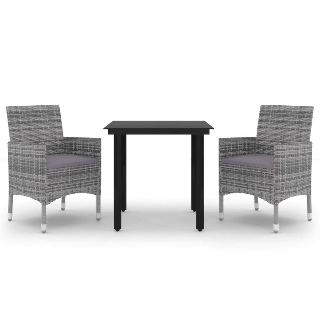 vidaXL 3 Piece Outdoor Dining Set with Cushions - Patio Furniture in Gray Poly Rattan and Black Glass Top, Weather-Resistant & Easy Clean