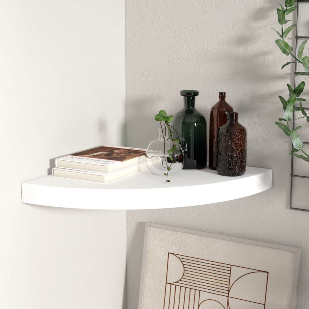 vidaXL Floating Corner Shelf - Modern 13.8&quot;x13.8&quot;x1.5&quot; White MDF Wall Storage Display Shelf with Invisible Mounting System