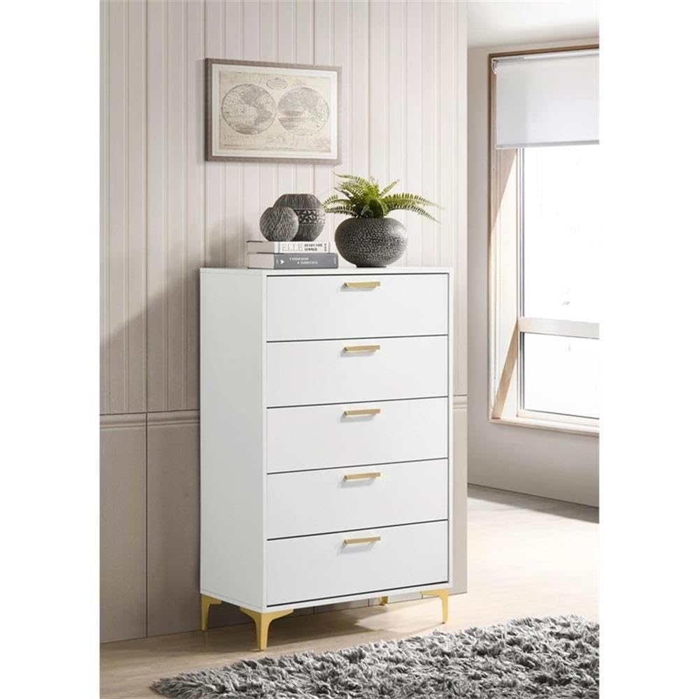 Coaster Home Furnishings Kendall 5-Drawer Contemporary Chest of Drawers Bedroom Clothing Storage Cabinet Engineered Wood Eco-Friendly Laminate with Gold Metal Legs and Handles White 224405