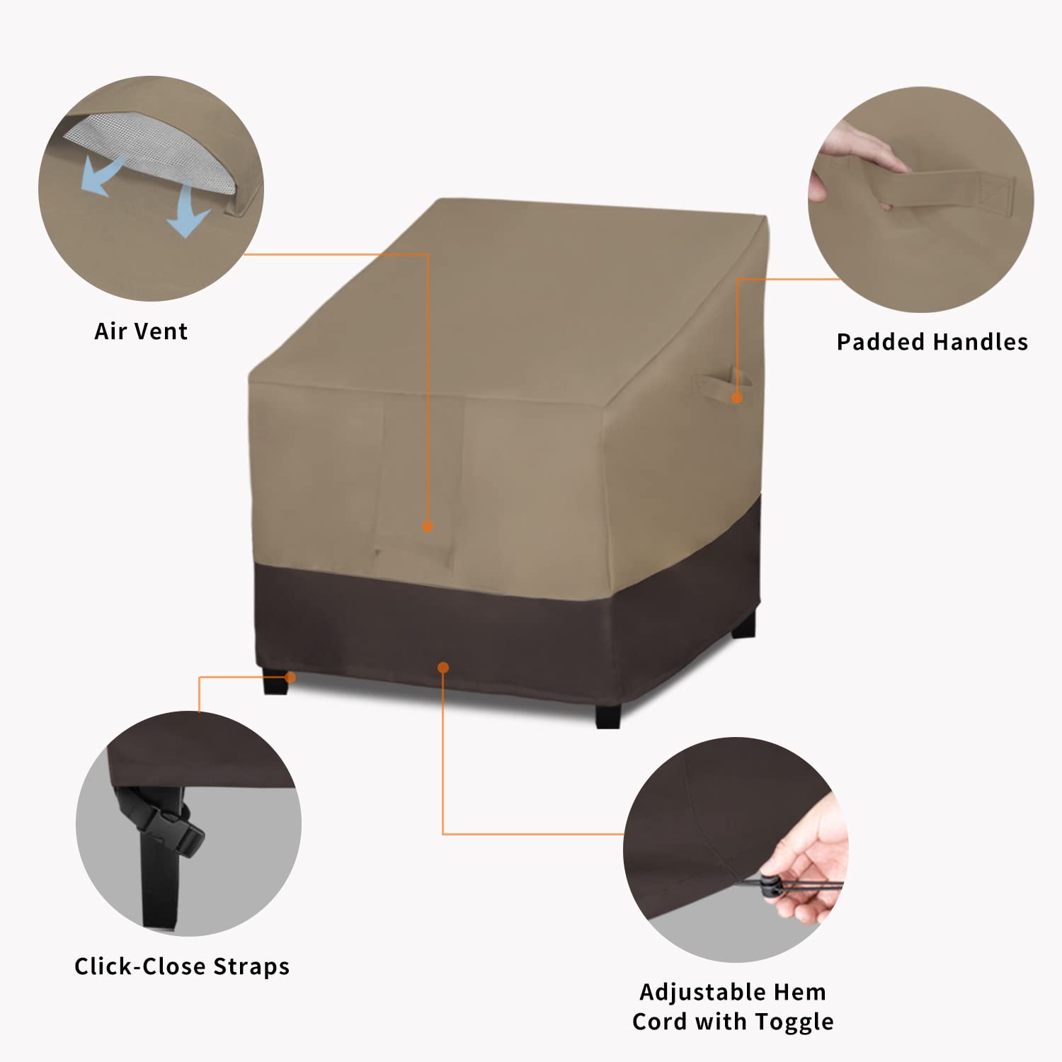 Easy-Going Waterproof Outdoor Lounge Chair Cover, Heavy Duty Patio Couch Cover, Windproof Outdoor Furniture Cover With Air Vent (2 Pack-33.5Wx31.5Dx36H Inch, Camel/Dark Brown)