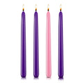 Set of 4 Advent Taper Candles with 7/8 inch Base, Dripless and Unscented 10 Inch Tall Purple and Pink Colored Skinny Christmas W