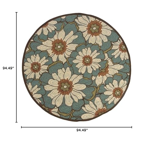 HomeRoots Polypropylene 8’ Round Blue and Brown Floral Indoor Outdoor Area Rug