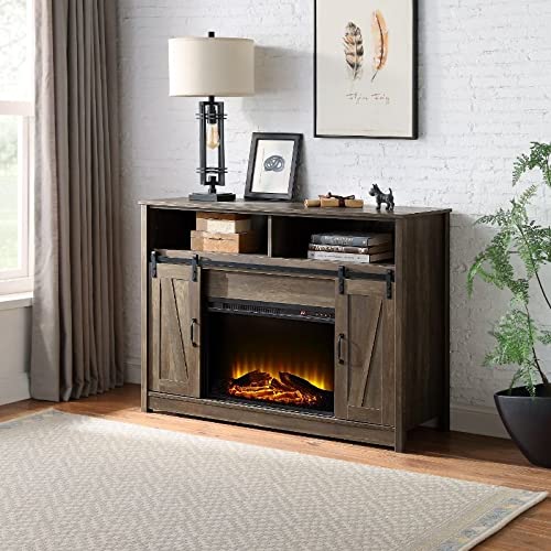Acme Tobias Electric Fireplace Rustic Farmhouse Tv Stand With Sliding Barn Door For Tvs Up To 55&quot;, Rustic Oak Finish