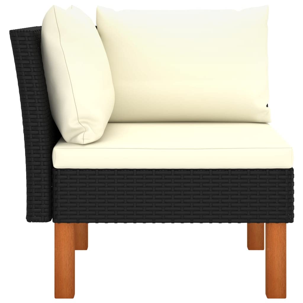 vidaXL Black Corner Sofa with Cream White Cushion in Poly Rattan and Solid Eucalyptus Wood - Modular, Easy-to-Clean, Comfortable and Sturdy Construction for Indoor and Outdoor use
