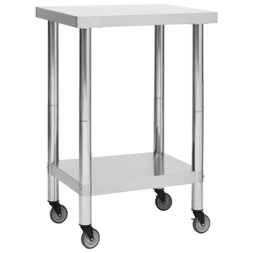 vidaXL Stainless Steel Kitchen Work Table with Wheels - Easy-to-Clean, Corrosion-Resistant, Moveable with Extra Storage, Suitable for Kitchen, Restaurant, School, Commercial Use