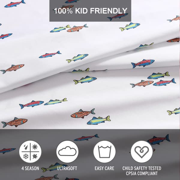 Eddie Bauer Kids - Queen Sheets, Stain Resistant Kids Bedding, Ideal For Toddler Bedding Set (Fish Lake White, Queen)