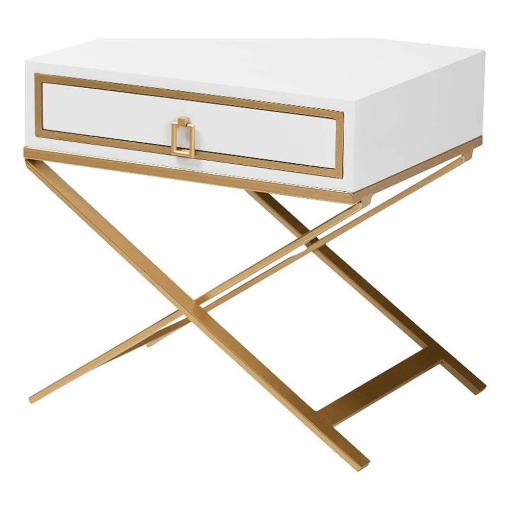 Baxton Studio Lilibet White Finished Wood and Gold Metal 1-Drawer End Table