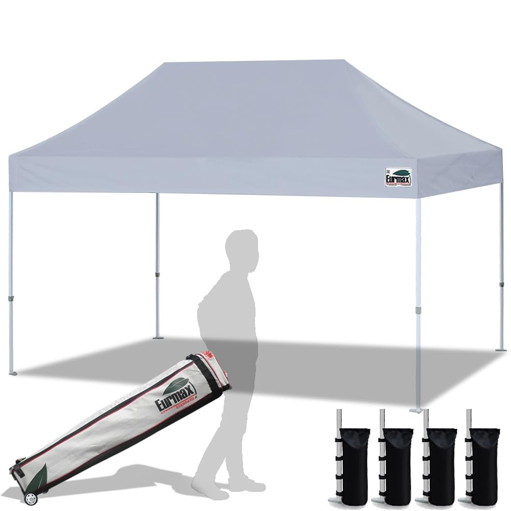 Eurmax Usa 10'X15' Pop Up Canopy Tent Commercial Instant Canopies With Heavy Duty Roller Bag,Bonus 4 Sand Weights Bags (Grey)