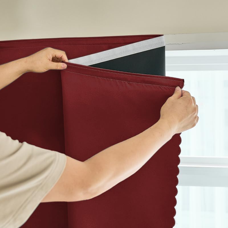 AJAZZ 100% Blackout Stick Curtain Portable Blackout Curtains Adhesive Curtains for Bedroom Living Room No Drilling (Burgundy, 47