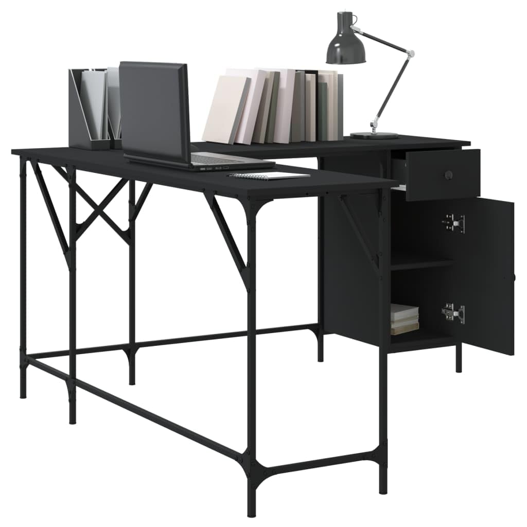 vidaXL Engineered Wood L-Shaped Desk - Black with Metal Frame - Featuring Adjustable Feet and Ample Storage