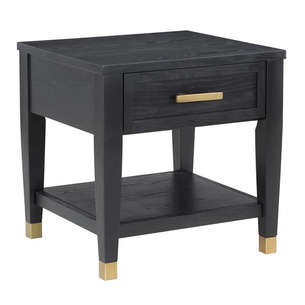 Steve Silver Furniture Modern Black End Brushed Brass Accents, Storage Drawer & Bottom Shelf-Ash Veneers Table, 24 x 22 x 24