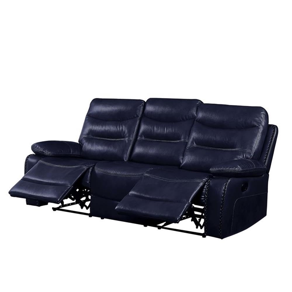 Acme Aashi Leather-Gel Horizontal Tufted Motion Reclining Sofa in Navy