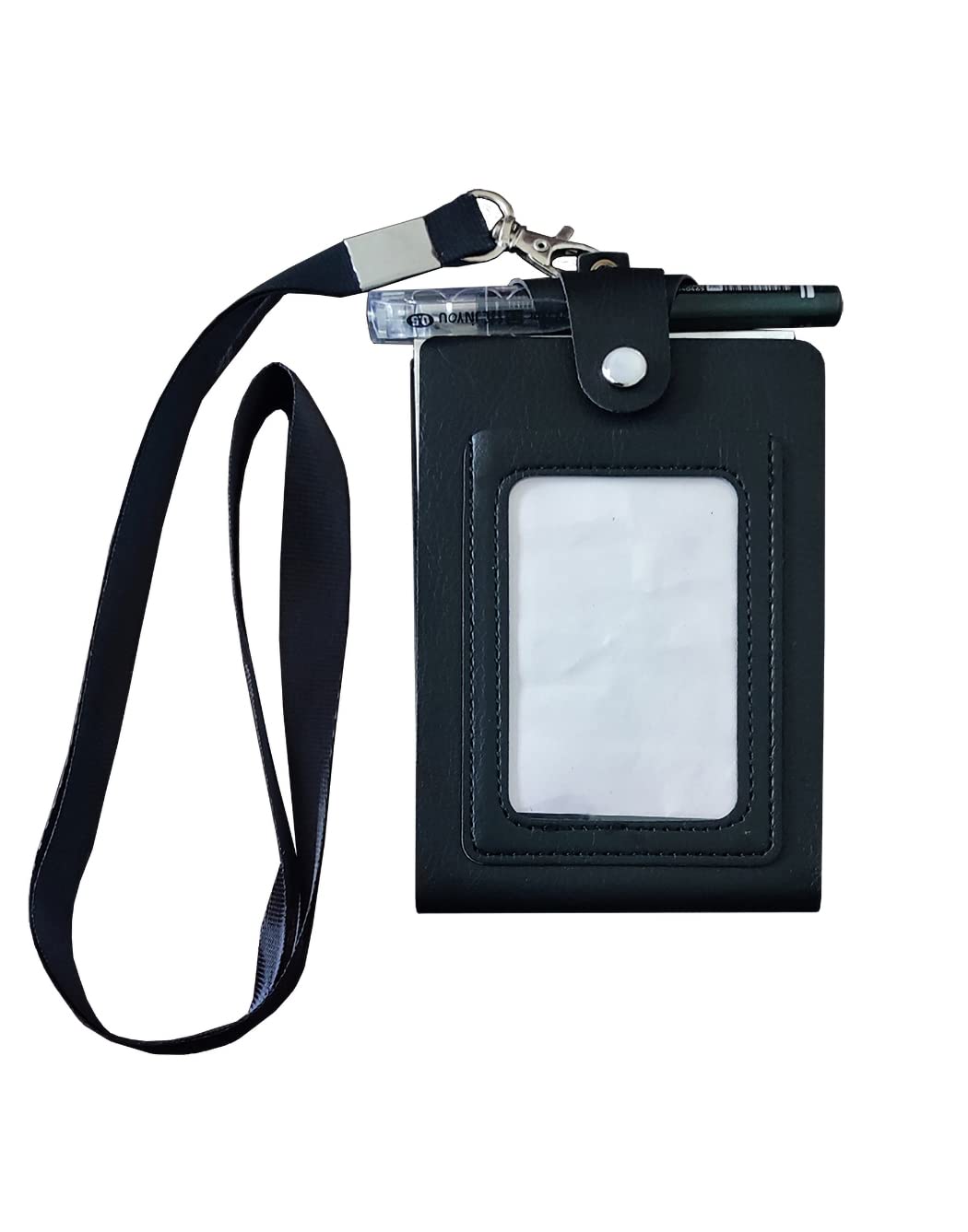 Teanea Pu Leather Lanyard Meeting Notebook Neck Hanging Notepad With Id Slot And Pen, 3.5X5.1Inch, Black