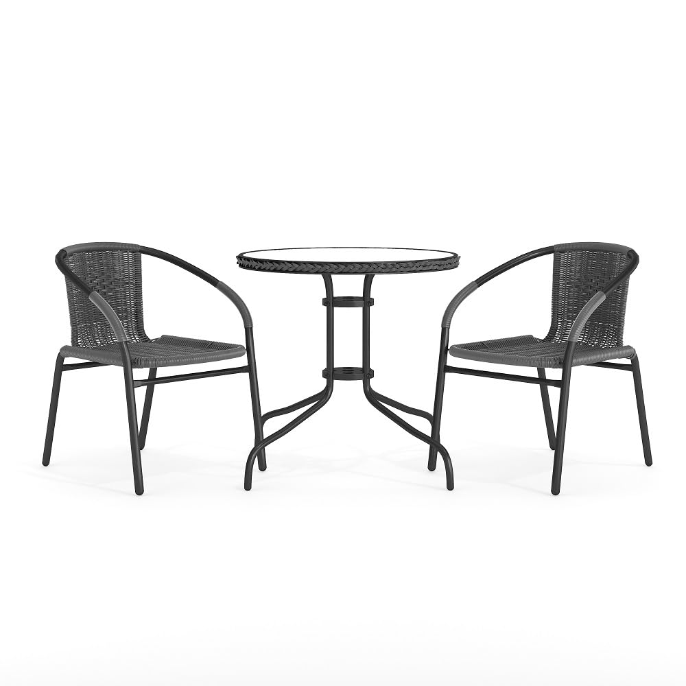 Flash Furniture 3-Piece Patio Dining Set with Round Glass Metal Table and 2 Stackable Rattan Chairs, Indoor/Outdoor Bistro Table and Chairs Set, Gray