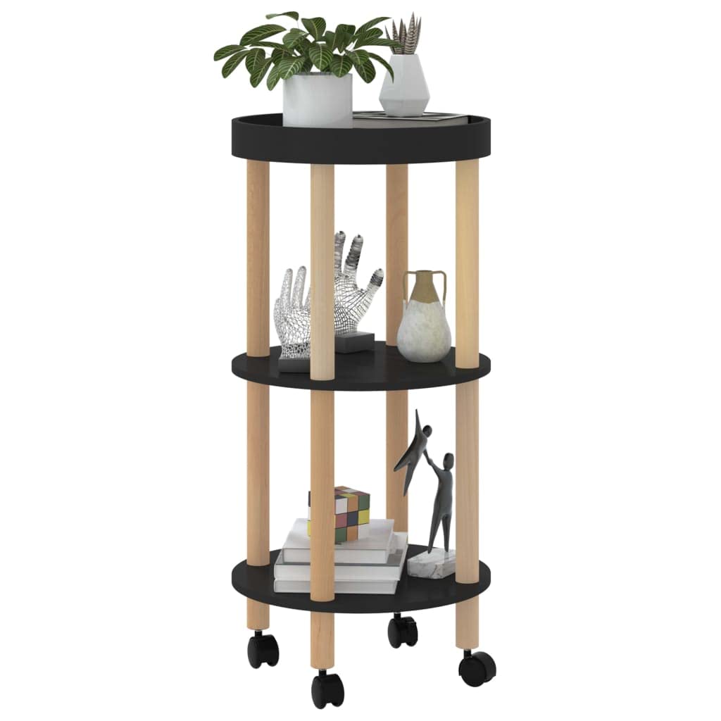 vidaXL Scandinavian 3-Tier Trolley in Black – Engineered Wood and Solid Pinewood Trolley with Lockable Wheels and Ample Storage Space
