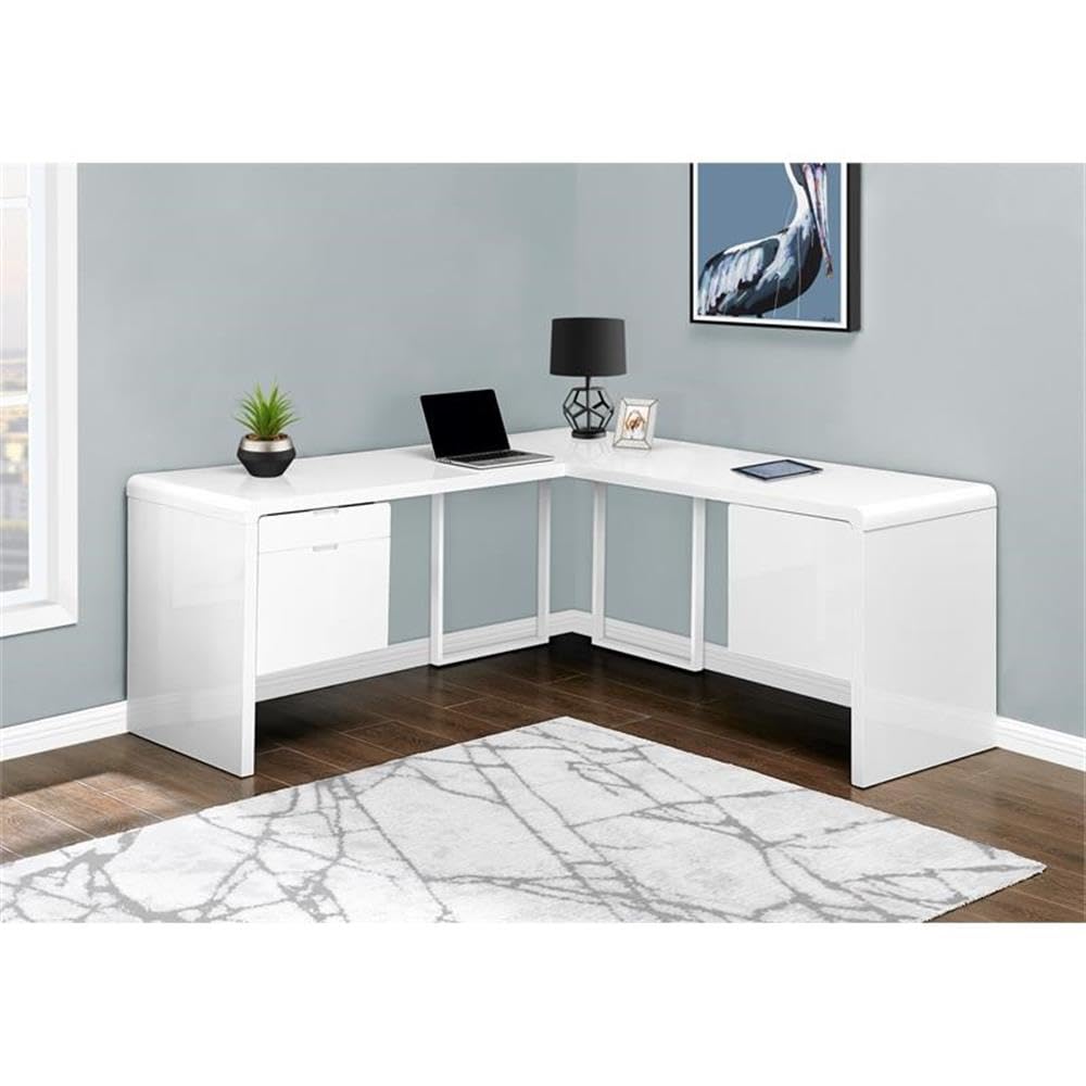 Monarch Specialties I 7582 Computer Desk, Home Office, Corner, Left, Right Set-up, Storage Drawers, 72' L, L Shape, Work, Laptop, Laminate, Metal, Glossy White