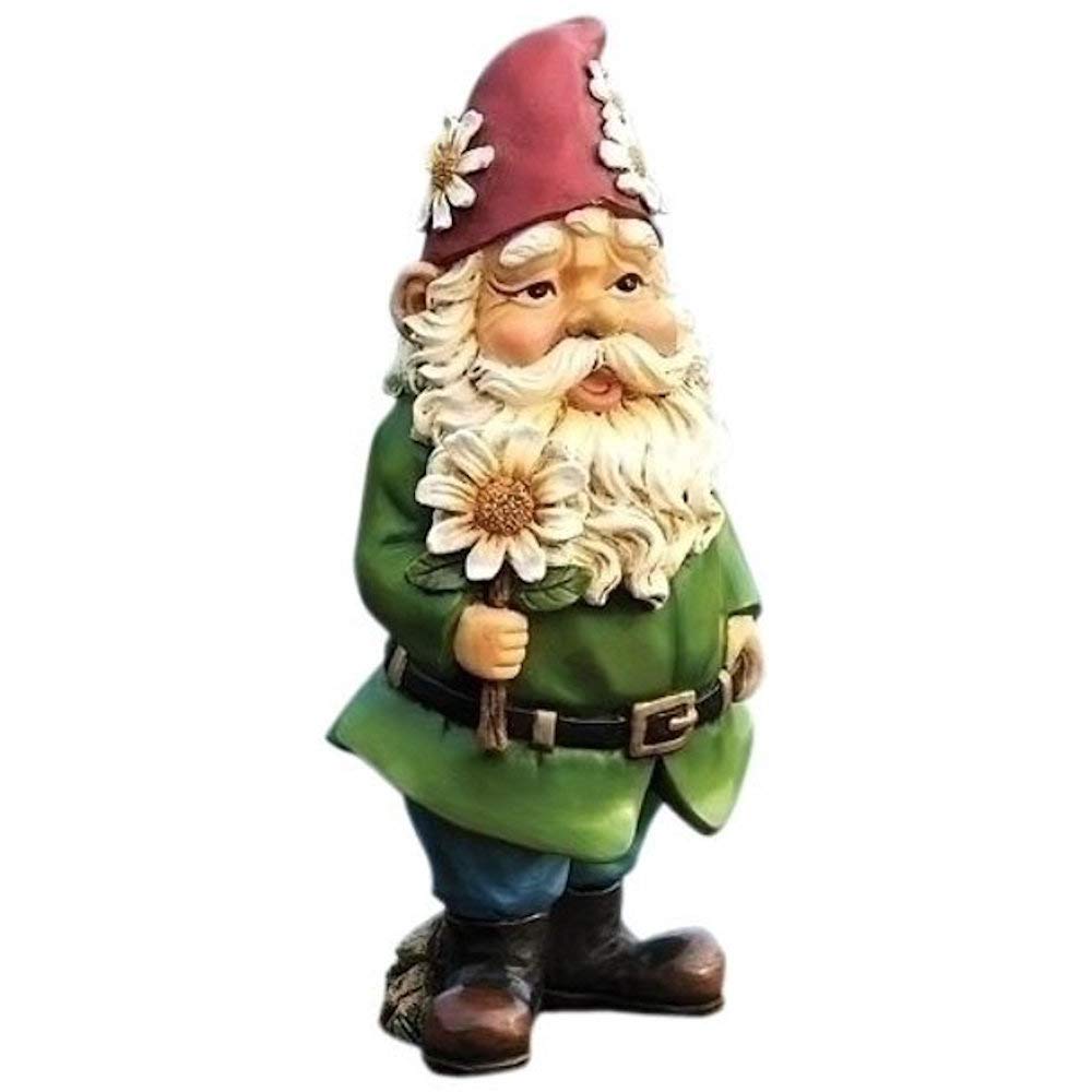 Giftware By Roman Inc., 12.25' H Gnome With Daisy Statue, Garden Collection, Outdoor Statue, Memorial, Resin Stone, Adorable Fr