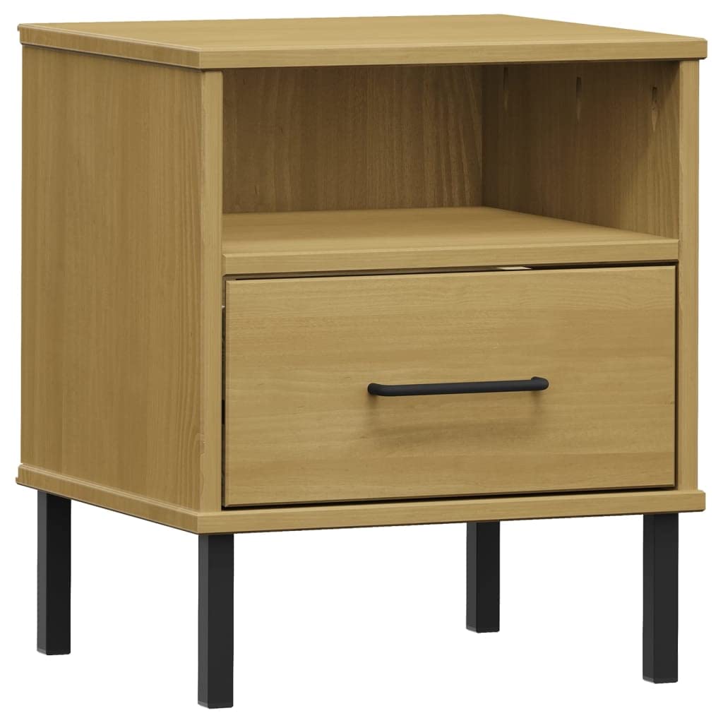 vidaXL Brown Bedside Cabinet in Solid Pine Wood with Metal Legs - Industrial Style Drawer and Compartment Bedroom Furniture - Oslo Range