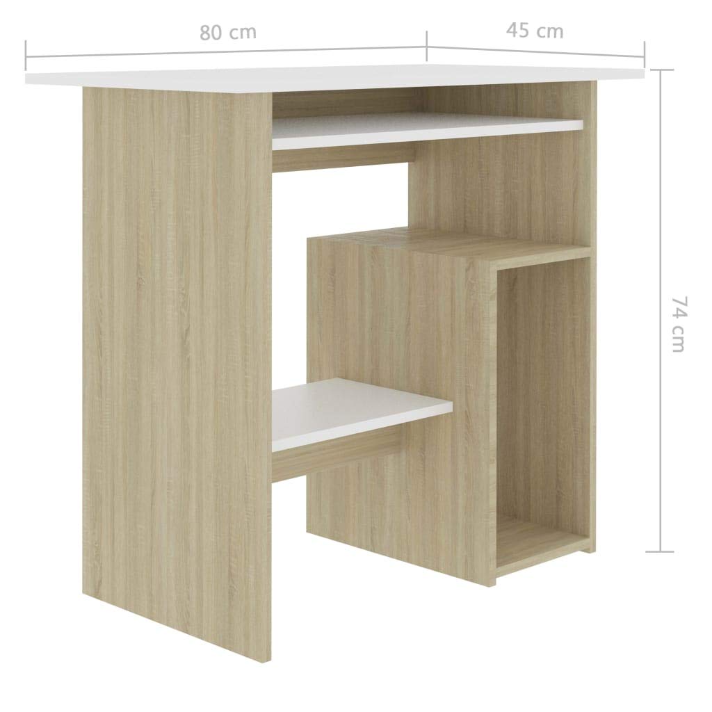vidaXL- Modern Computer Desk, Compact Office/Study Desk with Keyboard Tray, PC Shelf, Easy-to-Clean, in White and Sonoma Oak, Made of Engineered Wood.