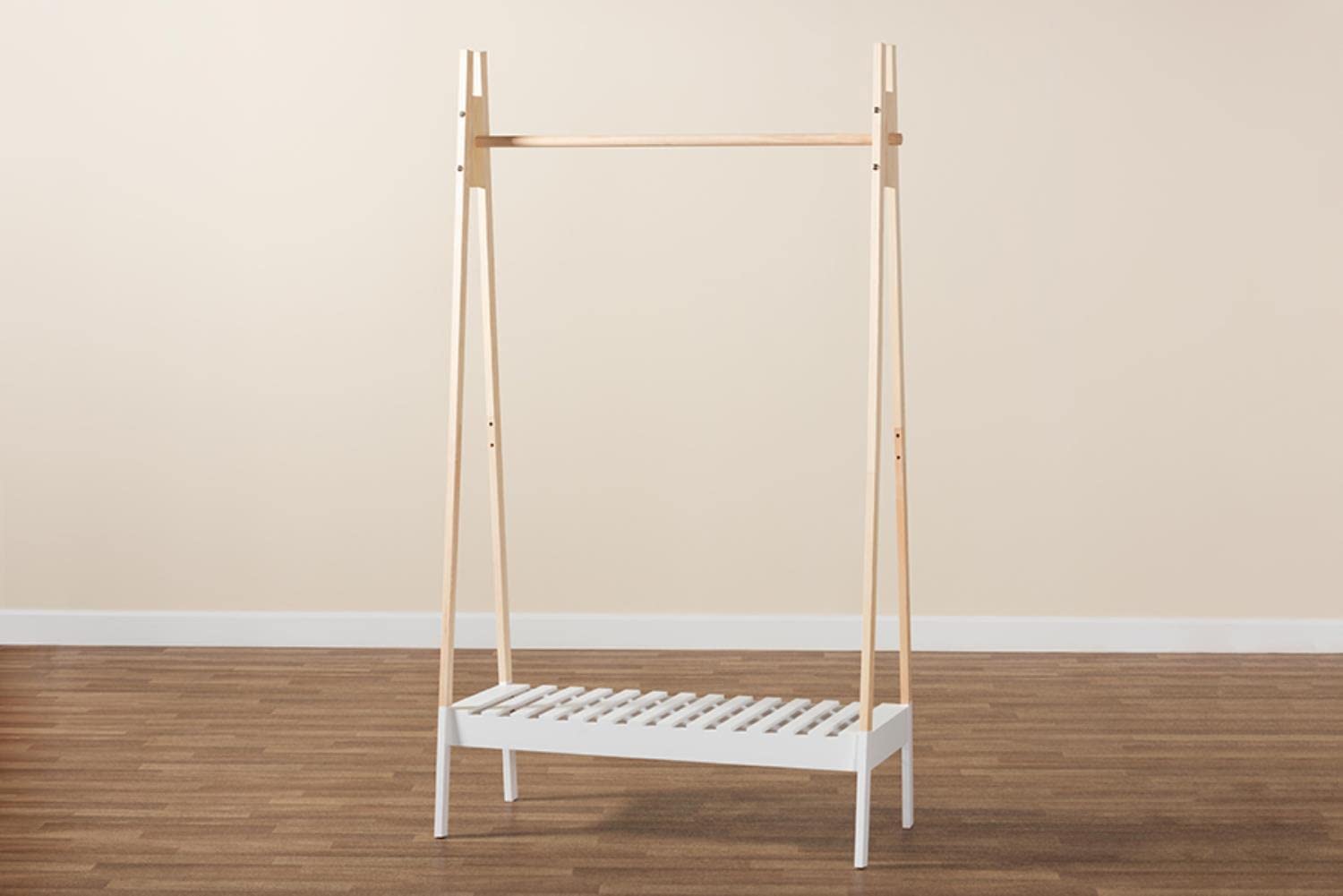 Baxton Studio Raylyn Modern and Contemporary Two-Tone White and Oak brown Finished Wood Freestanding Coat Hanger