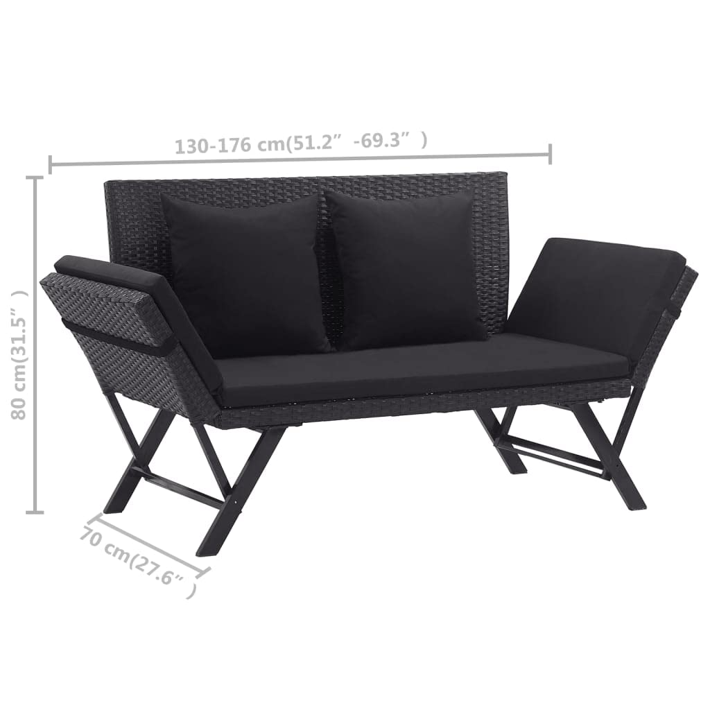 vidaXL Garden Bench with Cushions 69.3" Black Poly Rattan