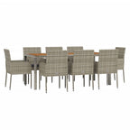 vidaXL 9-Piece Patio Dining Set -Weather-Resistant Gray Poly Rattan, Powder-Coated Steel Frame, Solid Acacia Wood Tabletop, Removable 100% Polyester Fabric Cushion Covers