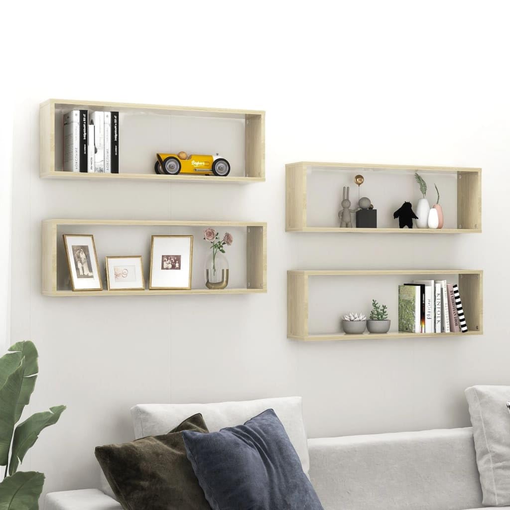 Vidaxl Wall Cube Shelves, Set Of 4, Sonoma Oak, Engineered Wood, Scandinavian Style For Living Room And Hallway