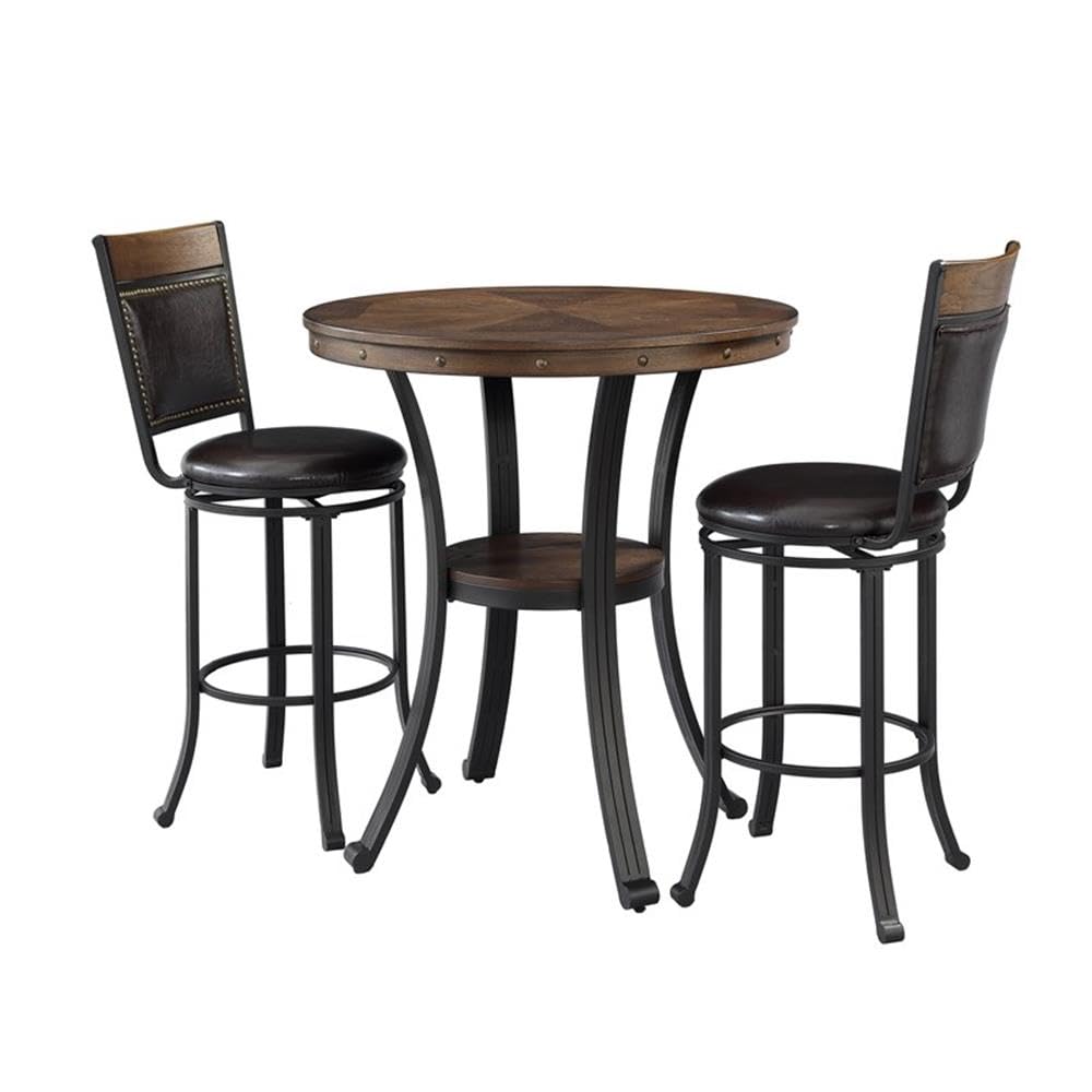 Linon Franklin 3 PCE Pub Table Set Faux Leather Wood Top & Shelf in Umber Brown