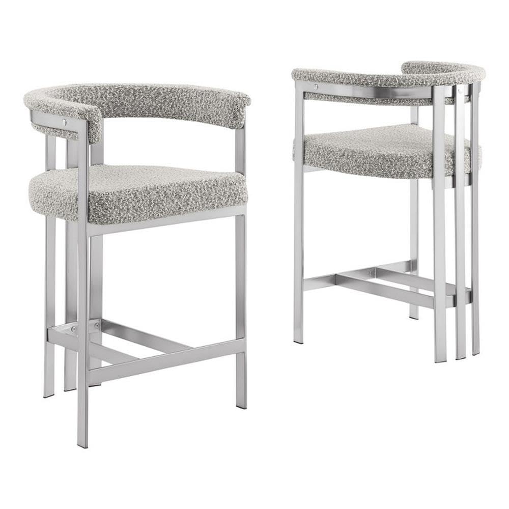 Best Quality Furniture Modern Upholstered Bar Stool With Rich Gray Boucle Fabric – Matte Brushed Chrome Legs In Silver – Versatile Living Room & Dining Room Seating – Set Of 2